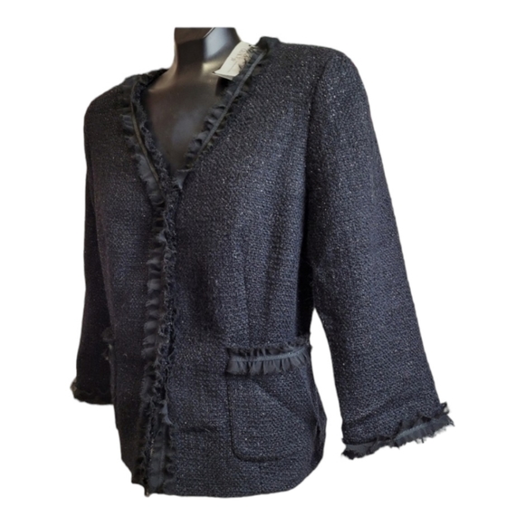 Talbots Tweed wool Boucle Jacket black sparkly lace ruffle fray trim Women's 12 - Picture 5 of 16